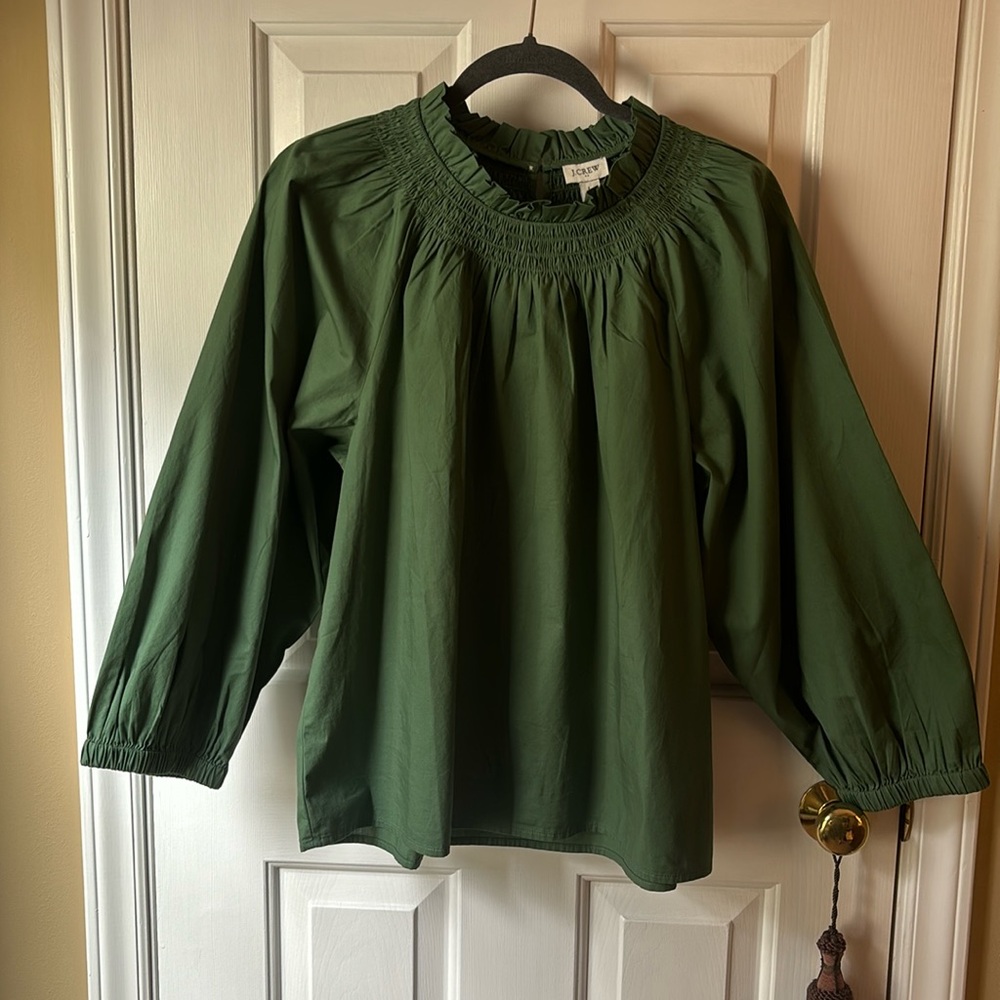 J. Crew Dark Green smocked Blouse L
